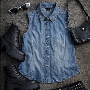 Y2K Denim Button Up Ashley Stewart 14W Grommet Trim Biker Top 2000s Western Goth